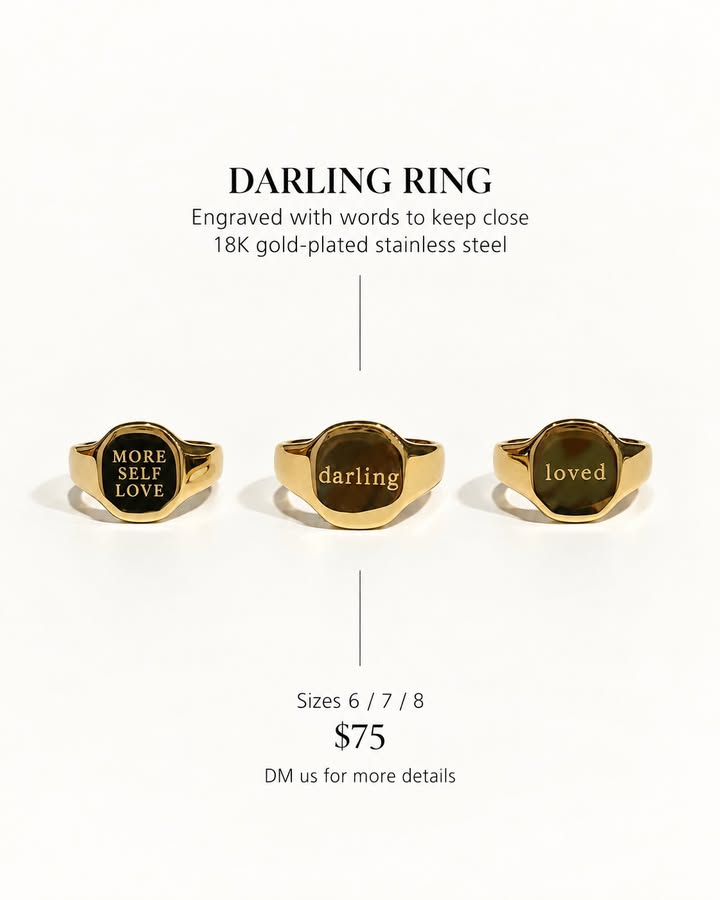 Jenairel engraved ring collection: More Self Love, Darling, and Loved. Rings sold individually.