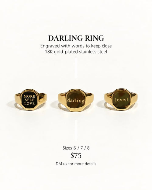 Jenairel engraved ring collection: More Self Love, Darling, and Loved. Rings sold individually.