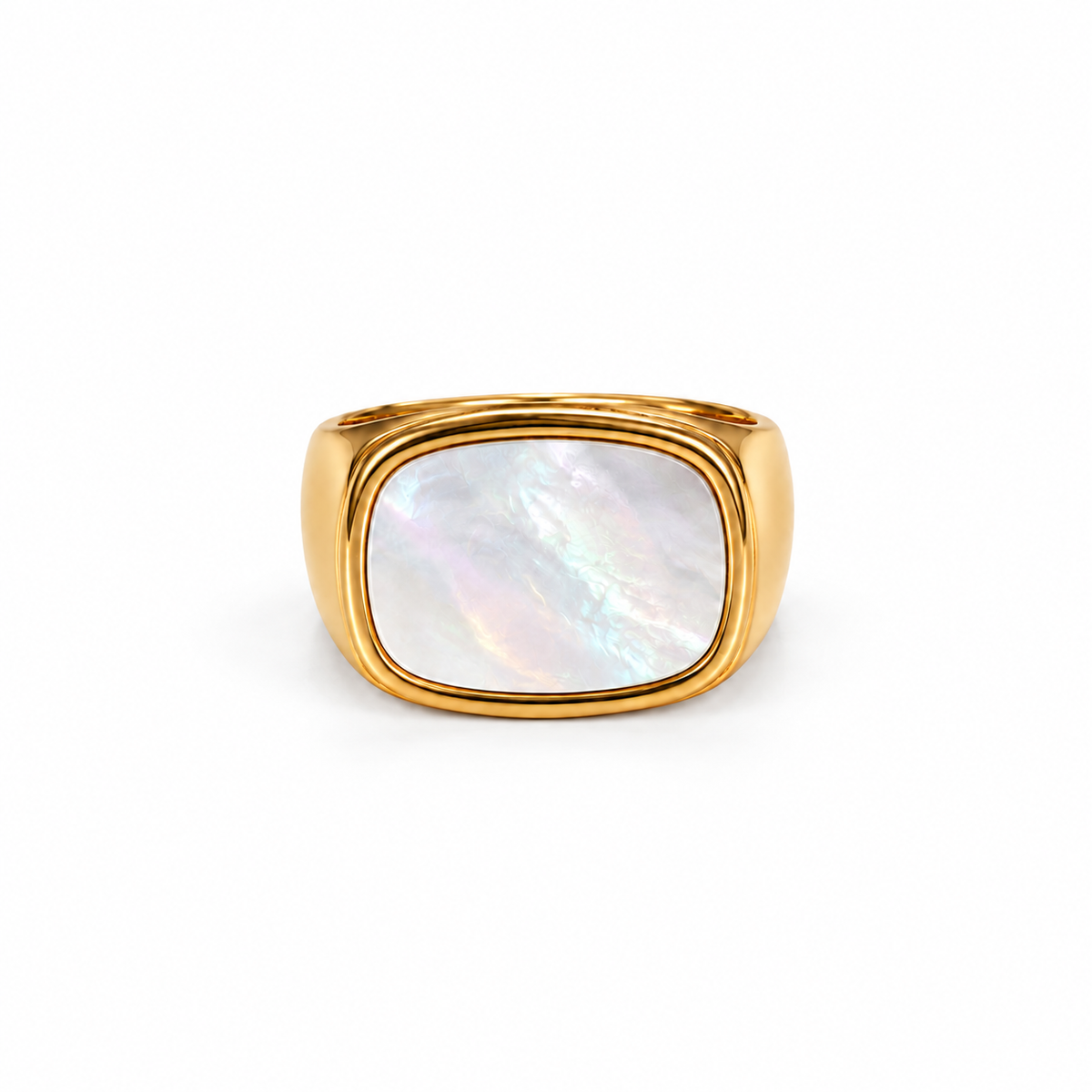 Gabriel gold signet ring with white shell inset on a white background