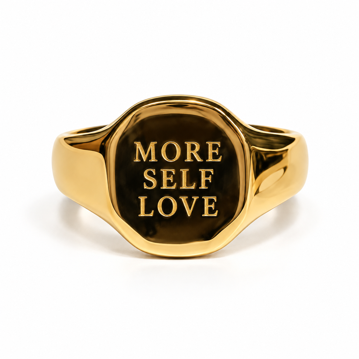 Gold More Self Love signet ring on white background