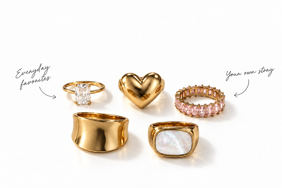 Five JENAIREL rings on white with handwritten notes
